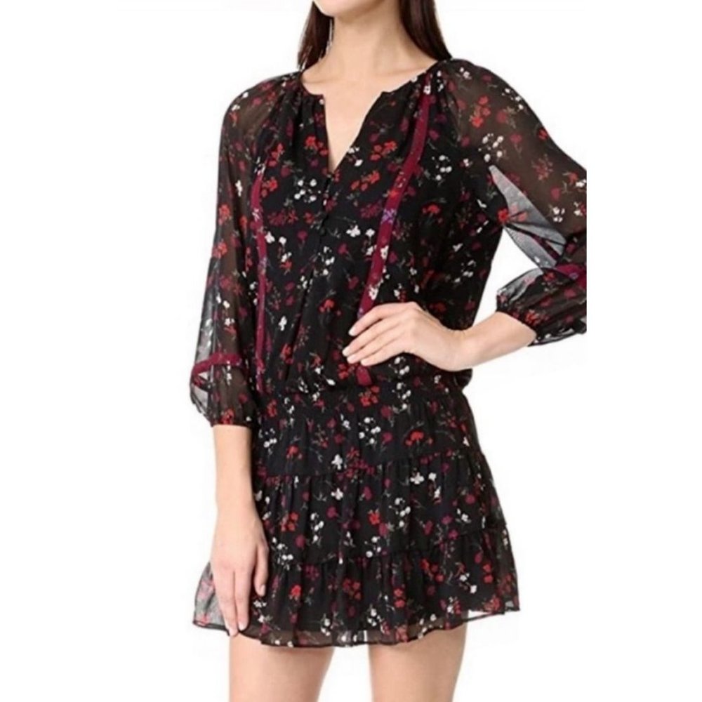 Anthropologie JOIE SILK Dress S Small Black Red Burgundy 3/4 Long Sleeve $295